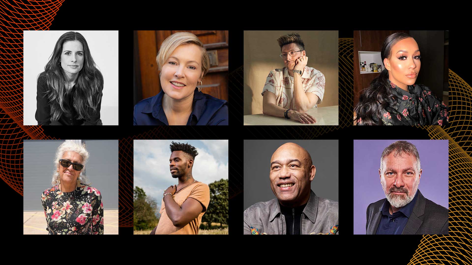 A black background with a set of 8 headshots of Creative Coalition Speakers.